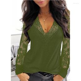 Women's T Shirts 2023 Casual V-neck Lace Long Sleeve T-shirt For Women Spring Winter Clothes Sexy Solid Colour Black Tee Shirt Office Lad