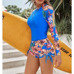 Women's Swimwear Long Sleeve Two Pieces Surfing Swimsuit Women Floral Drawstring Swimwear Female Rash Guards Swim Beachwear Bathing Suit 230425