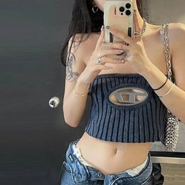 Womens Tanks Camis Brand Lady Long Sleevesvest Summer Hollow Hardware Buckle Printing Knitted Tube Top Girl Slim Sexy Blouse 230424