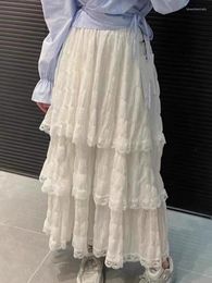 Skirts Spring Summer Wrinkled White Black Pleated Skirt Women 2023 Korean Vintage High Waisted Splice Lace Long Falda Plisada