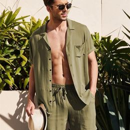 Men's Tracksuits Summer cotton linen shirt set men's casual outdoor 2-piece set and family clothing pajamas comfortable and breathable beach short sleeved set 230424