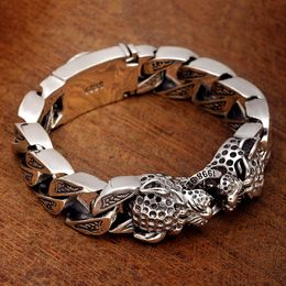 Chain S925 Silver Men's Leopard Horsetail Woven Double Leopard Head Bracelet Locomotive Cool Buckle Men's Silver Chain Wristband 230425