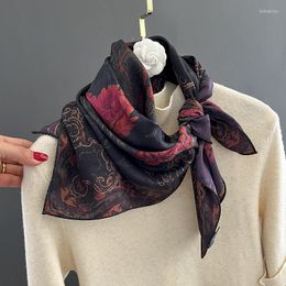 Scarves Novely Chinese Style Spring Autumn Double Sided Rose Print Women Square Imitation Silk Scarf Handmade Curled Ladies Handkerchief