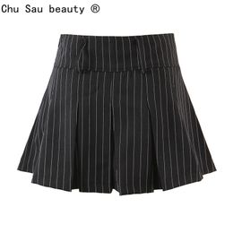 Skirts Vintage college style sexy high waist striped pleated skirt woman slim fit kawaii short mini for girl spring Autumn 230424