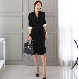 Casual Dresses 2023 Spring Autumn Women Elegant Single-Breasted Long Sleeve V Neck Blazer Dress OL Work Wear Office Lady Black Midi Party