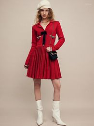 Casual Dresses Year Red Dress For Women 2023 Autumn Winter French Temperament Bow Suit Collar Knitted Pleated Mini Sweater Party