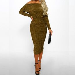 Casual Dresses Sexy Sparkly Dress Woman Slash Neck Off Shoulder Glitter Party Draped Elegant Bodycon Pencil Female Clubwear