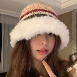 Berets Korean Striped Plush Splicing Knitted Hat Women's Winter Bucket Hats Big Head Thickened Warm Ear Protector Basin Bonnet