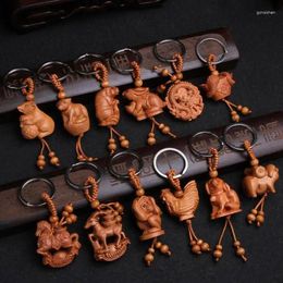 Decorative Figurines Chinese Peach Wood Carved Twelve Zodiac Animals Exquisite Car Key Chain Pendant