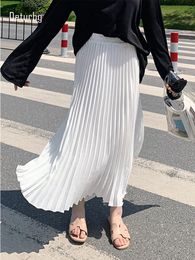 Skirts Womens Fashion Pleated Midi Long Skirt Female Korean Japanese Casual High Waist Skirts Jupe Faldas 10 Colours Spring SK295 230425