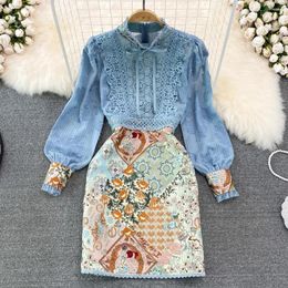 Casual Dresses French Style Embroidery Women Dress Spring Autumn Lace Splice Elegant O-Neck Puff Long Sleeves Ladies A-line Midi