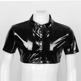 Men's Tank Tops PVC bright leather jacket sexy slim short sleeve half leather shirt