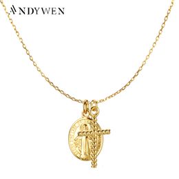 Pendant Necklaces ANDYWEN 925 Sterling Silve Gold Cross Oval Double Pendent Long Chain Necklace Collar European Rock Punk Thicker Big Jewelry 230425
