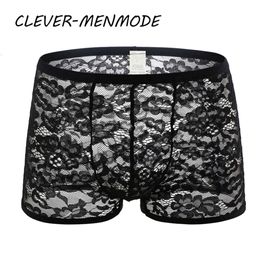 Men's Sexy Lace Sheer Underwear Transparent Boxer Shorts Highlight Pouch Panties Breathable Exotic Lingerie Sissy Gay