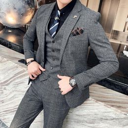 Men's Suits Size 7XL ( Jacket Vest Pants ) Brand Boutique Lattice Retro Design Mens Casual Business Slim Suit Groom Wedding Dress Tuxedo