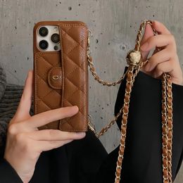 Luxury Designer Chain iPhone Cases CC for Apple iPhone12 13 14 15 Plus Pro Max lychee Top workmanship Wallet Mobile Cover Women Grip Crossbody Portable Pebbled