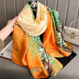 Scarves Elegant Floral Leaf Print Long Silk Scarf Women Foulard Office Beach Shawls Wraps Soft Satin Hijab Lady Headbands Neck Scarfs