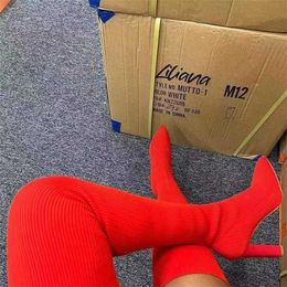 Boots Socks and boots high barrel mesh red same size solid Colour knitted pointed toe thick heel over knee elastic boots 230830