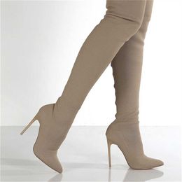 Large Womens Boots Elastic Boots Womens Autumn Winter Thin Heel High Heel Knitted Tube Knee Length Boots 231116