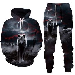 Men and Women 3D Printed Forest Wolf Style Casual Clothing Wolf Fashion Sweatshirt Hoodies and Trousers Exercise Suit 010