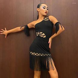 Stage Wear Latin Dance Clothes Women Oblique Shoulder Tops Tassel Skirt Adult Cha Rumba Practise Black Dress DNV18969