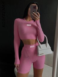 Women's Tracksuits BOOFEENAA Long Sleeve Rib Knit 2-Piece Crop Top Short Spring Sexy Athletic Track and Field Suit C66-CI25 230424