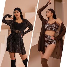 Stage Wear Latin Dance Clothes Professional Rumba Mesh Gauze Long Sleeve Practise Black/Brown Coat Tango Cha Tops DWY7148