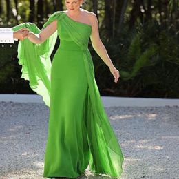 Bright Green One Shoulder Evening Dresses Ruched Chiffon Mermaid Prom Gowns With Side Cape Sweep Train Formal Dress For Women