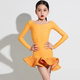 Stage Wear Orange Latin Dance Costume Girls Dress Two-Piece Rumba Cha Performance Samba Practice Clothing VDB7548