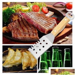 Other Kitchen Tools Steak Pizza Spata With Wood Handle Beer Opener Grill Cooking Utensil Stainless Steel Barbecue Scraper For Pancak Dh5Vh