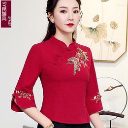 Ethnic Clothing Style Embroidered Shirt Women's Chinese Vintage Buckle Improved Cheongsam Collar Mid-sleeve Cotton Linen Top