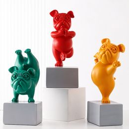 Decorative Objects Figurines Lovely Yoga French Bulldog Statue Resin Nordic Creative Cartoon Animals Sculpture Children' Room Decor Crafts 230425