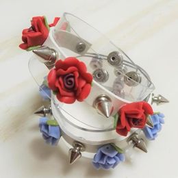 Bangle Fashion Sexy Lolita Harajuku Handmade Leather Rock Punk Rivets Spikes Ceramic Flower Bracelet Wrist Belt