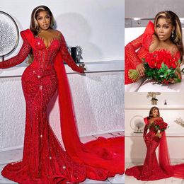 2023 Aso Ebi Red Luxurious Purple Mermaid Long Sleeves Prom Gowns Perals Evening Birthday Party Second Reception Dresses AfricanDress Engagement Gown ST299