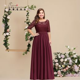 Burgunderrote Brautjungfernkleider mit einem 3/4-langen Chiffonkleid mit Spitzenmieder Illusionsärmel Vollständig gefüttert Reißverschluss hinten CPS522 J0425