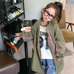 Coat MILA CHOU 2023 Spring Autumn Children Casual Green Windbreaker Jacket Boy Girl Long-sleeve Long Top Kids Clothes 2-8Y