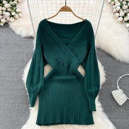 Casual Dresses Autumn Winter Chic Loose Green Knit Dress Women Fashion V-neck Waist SlimA-shaped Knitted Girls Twist 2023