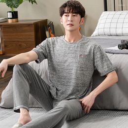 Men's Sleepwear Long Pants Short Sleeve Tops Pyjama Sets Men Summer Soft Modal Pyjamas Home Suit Mens Loose Nightwear 2pcs/set