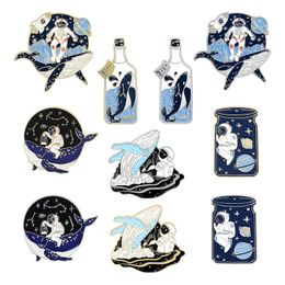 Cute Astronaut Whale Enamel Pin Adventure Ocean Drifting Wishing Bottle Brooches Bag Lapel Pin Badge Jewellery Gift for Friends