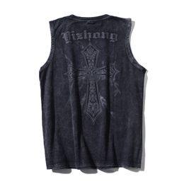 Men's Tank Tops Cross Print Vintage Washed Sleeveless Oversized Grunge Vests Men Goth Tees Hip Hop Y2k Streetwear Harajuku Sports Cotton 230424