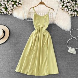 Casual Dresses Women Summer Beach Dress Elegant Spaghetti Strap Backless Solid Colour A-line Mid Long Slip Simple Female Holiday Clothes