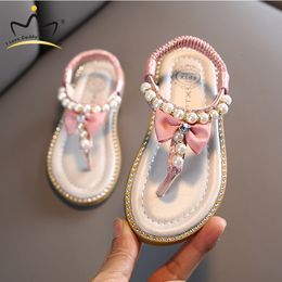 Sandals Summer Girls Sandals Cute Bows Pearls PU Leather Princess Girls Shoes Rubber Sole Kids Shoes Sandalias Baby Girl Sandals 230425