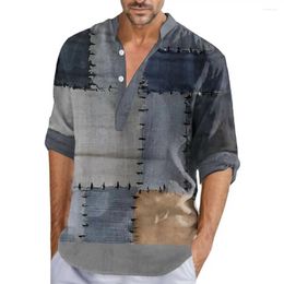 Men's Casual Shirts Men Hawaiian Vintage For Patchwork 3d Printed Camisas V Neck Oversized Long Sleeve Tops Streetwear Male Tees Shirt