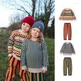 Clothing Sets Baby Girls Knitted Top Pants Winter 2023 KP Colored Stripe Checkerboard Sweater For