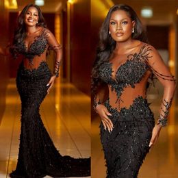 Plus Size Aso Ebi Black Mermaid Prom Dresses Beaded Lace Long Sleeves Evening Birthday Party Second Reception Dress African Nigeria DressEngagement Gowns ST316