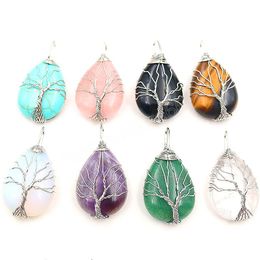 Tree Of Life Crystals Necklace Pendant Water Drop Natural Stone Necklaces Wire Wrap Healing Stone Choker Metal Chain For Women