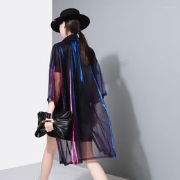 Women's Vests 2023 Homemade Zigzagging Color-changing Loose Mid-length Shirt Laser Perspective Sunscreen Coat Women's 2 Colors 253