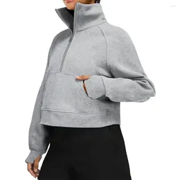 Women's Hoodies Women Fleece Keep Warm Half Zipper Long Sleeve Stand Neck And Sweatshirt Pocket Pullover 2023 Autumn Casual Loose Coat