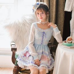 Casual Dresses Princess Sweet Lolita Dress Candy Rain Summer Japanese Long Sleeved Bow Printed Chiffon C22AB7042