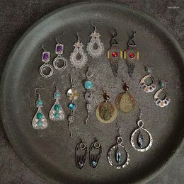 Dangle Earrings Ethnic Hollow Triangle Golden Metal Opal Stone Tribal Jewelry For Women Silver Color Geometric Rectangle Hook